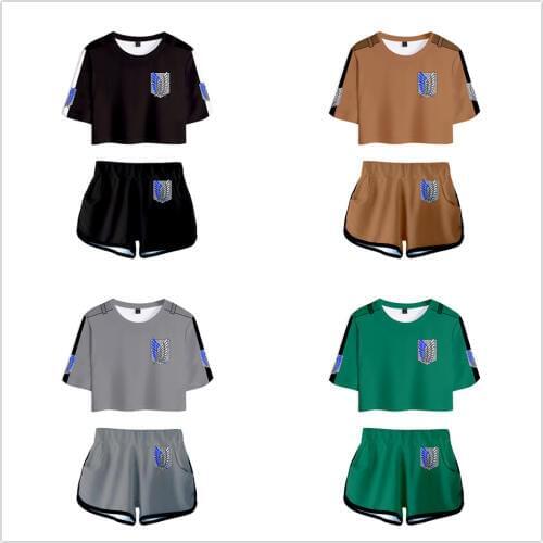 New Anime Attack on Titan Shingeki no Kyojin Two Piece Set Sexy Cotton T shirt Woman Shorts and Crop Top Fashion Tracksuit
