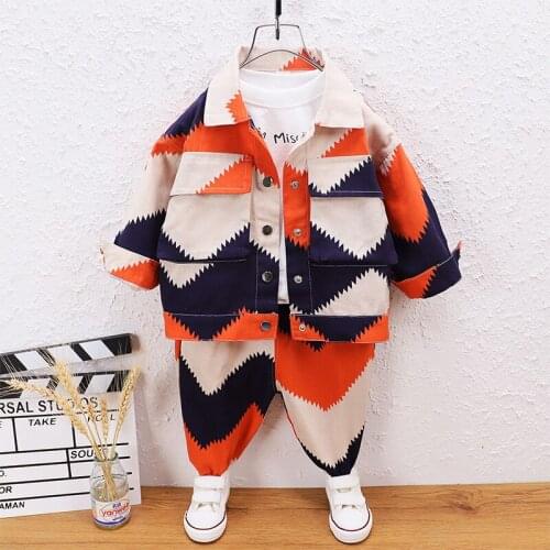 Childrens 2-piece suit spring and autumn boy cowboy color matching jacket 2021 girl jacket boy clothing pants printing suit