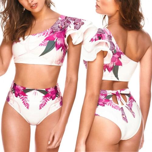 Two Piece Floral Ruffle Single Sleeve Swimwear Women Bikini Swimsuit Wrap Chest Tops High Waist Party Summer Lace Up Briefs Sets