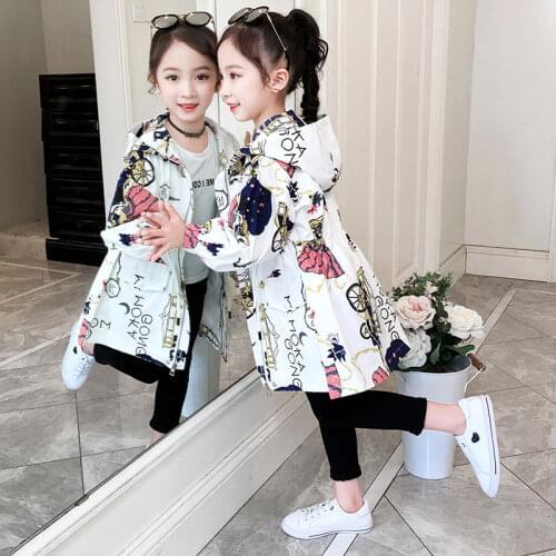 Girls Spring Autumn Jackets 2021 New Mid-Length Clothes Childrenclothing Girls Cartoon Print Hooded Coat Windbreaker