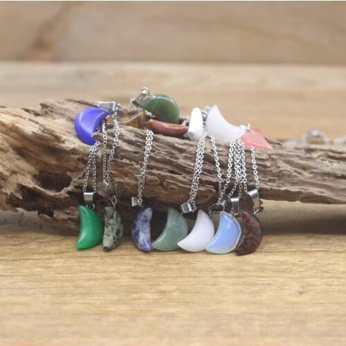Small Moon Natural Stone Pendants Necklace Healing Crystal Quartz Agates Opal Reiki Chakra Crescent Charms Women Jewelry QC3113