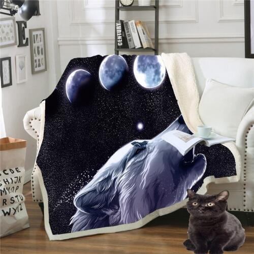 Fashionable Sherpa Throw Blanket Black Wolf Art Painting Bed Blankets Crystal Velvet Front and Fuzzy Sherpa Back Throw Blanket
