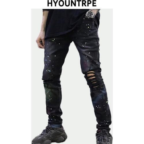Fashion Destroyed Ripped Holes Denim Jeans Graffiti Printed Streetwear Hip Hop Taped Jeans Slim Fit Black Denim Pants New Jogger