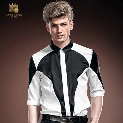 FANZHUAN Free shipping New Featured Brands Designer Black&White Contrast Slim Korean Summer half Sleeved Mens male Shirt 14331