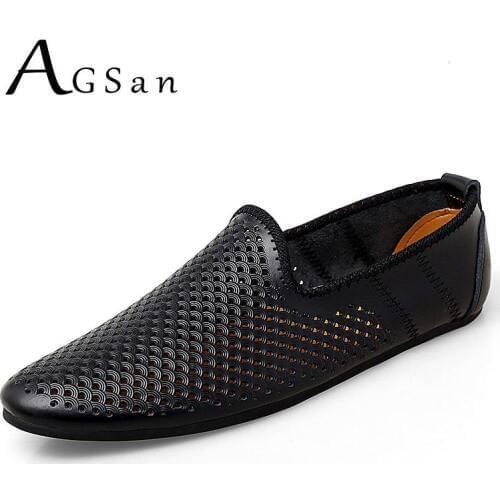 AGSan Breathable Genuine Leather Shoes Men Summer Casual Leather Shoes Slip On Driving Shoes Lazy Shoes Mens Cow Leather Loafers