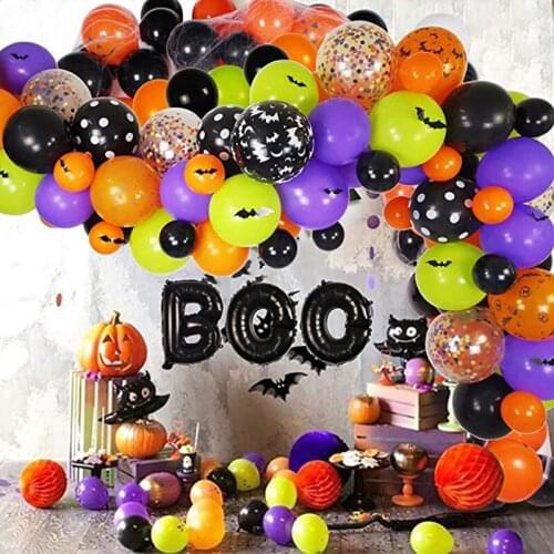 Halloween Balloons Garland Kit Balloon Arch Latex Balloons Boo Foil Balloons 3D PVC Bat Stickers Halloween Party Decoration