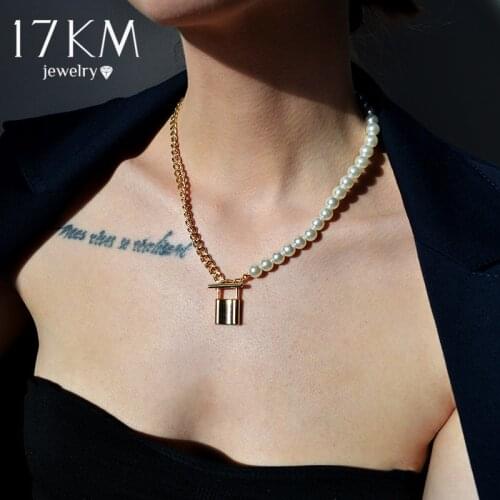 17KM Trendy Asymmetric Lock Pearl Pendant Necklace For Women Fashion Coin Big Chain Choker Necklaces Jewelry Christmas Gift