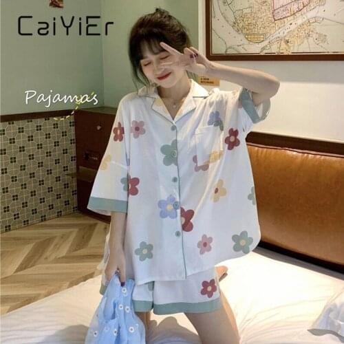 CAIYIER Sweet Nightwear Suit Summer Women Pajamas Turn-down Collar Short-sleeved Sleepwear Korean Girl Floral Print Home Wear