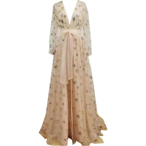 Long sleeve bride star net yarn embroidery bridesmaid wedding party dress nightdress