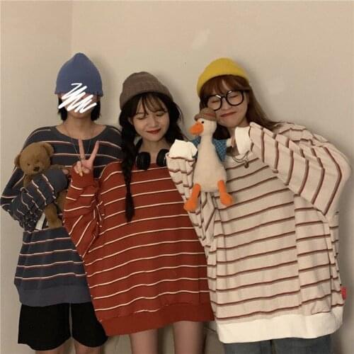 QWEEK Striped Crewneck Oversized Sweatshirt Women Streetwear Harajuku Long Sleeve Hoodies Tops Korean Fashion Kpop Clothes 2021