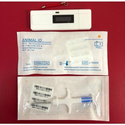 Dog microchip 134.2khz animal rfid scanner reader with 10pcs 1.25*7mm 134.2khz ISO chip animal id rfid glass tag with syringe
