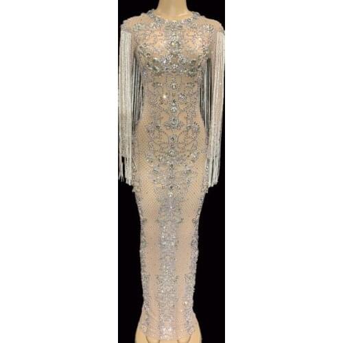Mesh Perspective Sparkly Crystals Long Dress Evening Party Rhinestones Dresses Birthday Celebrate Costume Fringes Dress YOUDU