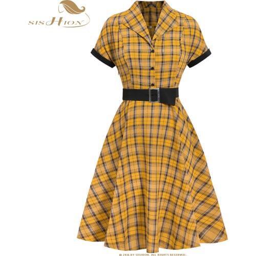 SISHION casual dress jurken Short Sleeve Yellow Plaid Dress VD1331 2021 Summer Swing Rockabilly 50s Vintage Dress with Belt