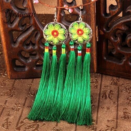 Yesucan Long Tassel Chinese Ethnic Flower Earrings Women Cloth Dreamcatcher Drop Bohemia D'oreille Brinco Embroidery Je'we'l'r'y