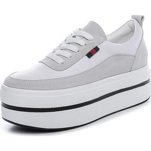 Koznoy Super High Platform Flats Suede Leather Black White Genuine Height Increased Super High Heel Platform Casual Sports Women