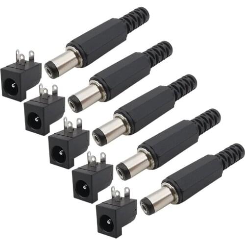 5.5x2.1mm DC005 Black DC Power Jack Socket Round the needle 5.5*2.1 DC Power Male Plug 9mm length Mount Wire Terminals Connector