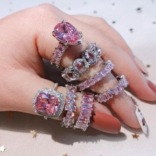 Hot Big Pear Shape Accent Stone Rings for women Rose Gold Pricess Cut Full CZ Band Wedding Engagment Tear Drop Pink Pinky Ring