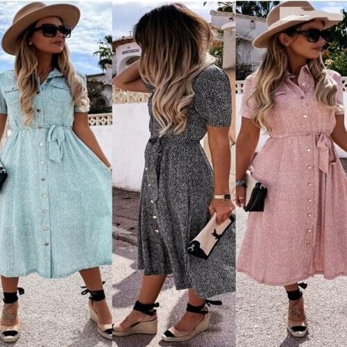 Women Dress Summer Fashion Single Breasted Belt Slim Print Dresses For Ladies 2021 Elegant Female Short Sleeve Boho Beach Dress