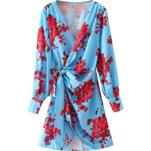 YENKYE Fashion Women Flower Print Wrap Dress Female Cross V Neck Long Sleeve Holiday Casual Dress Summer Vestido