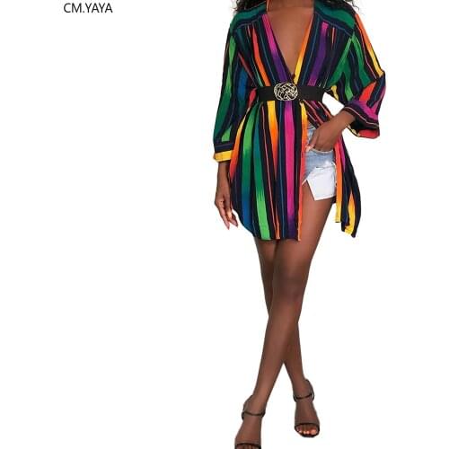 New autumn women vintage rainbow stripes print side split long sleeve blouse shirt dress fashion vintage dresses vestidos GL6195