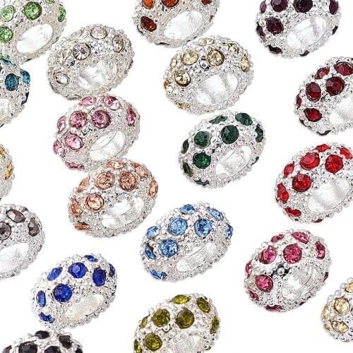 100Pcs Mixed Color Alloy Rhinestone European Beads Large Hole Rondelle Beads Charms For DIY Bracelets Jewelry Making 11x6mm