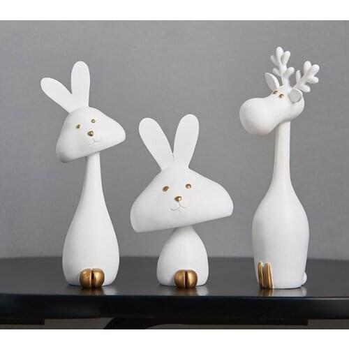 3pcs Polyresin Bunny Sculpture Cute Carton Reindeer Statue Rabbit Figurine Animal Deer Decoration Ornament Home Decor