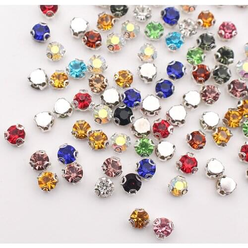 3D 4-8mm Color Sew on Crystal Glass Rhinestone Diamante Jewels Silver Cup Claw Montees 4 holes Sewing Stone Beads craft clothes