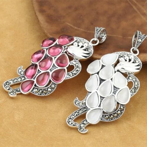 925 Sterling Silver Jewelry Retro Thai Silver Women Marcasite Inlaid Opal Red Corundum Peacock Feather Pendant