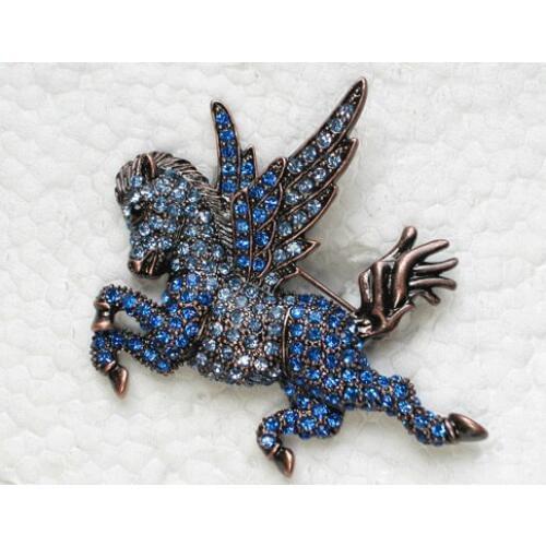 Antique copper Blue Rhinestone Angel Horse Pin brooches C563 B3