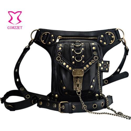 Black Gothic Rivet PU Leather Steampunk Waist Bag Women/ Men Utility Messenger Bag Rock Crossbody Bags Match Corsets Accessories