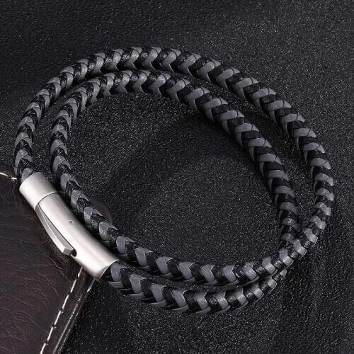 Black Gray Leather Mix Braided Fashion Double Layer Bracelet Men Women Stainless Steel Snaps Unisex Jewelry Accessories Gifts