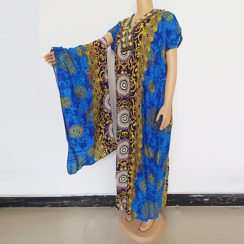 Elegant African Maxi Dresses For Women V-collar Applique Design Colorful Floral Print Scarf Dress Femme American Apparel