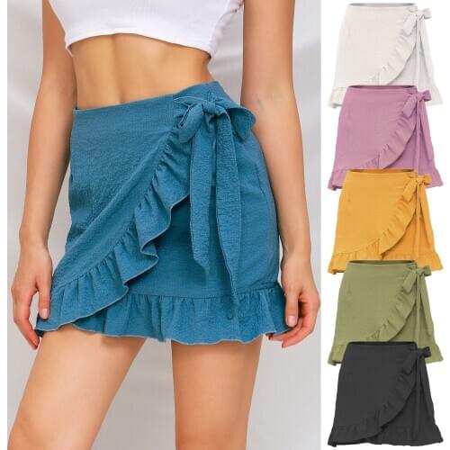 FNOCE 2020 new womens skirt sexy nightclub young fashion casual solid high waist back zipper Ruffle Bow Sashes slim mini skirt