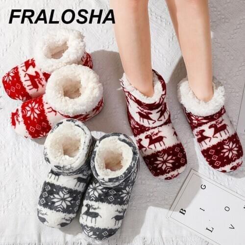 FRALOSHA Lovely Reindeer Pattern Plush Indoor Cotton Shoes Winter Warm Indoor Slippers Snowflake Floor Slippers