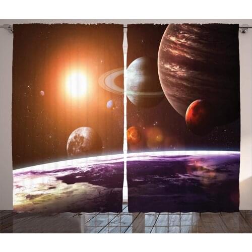 Galaxy Curtains Space Theme View of The Planets from Earth Science Room Art with Sun and Moon Living Room Bedroom Window Drapes
