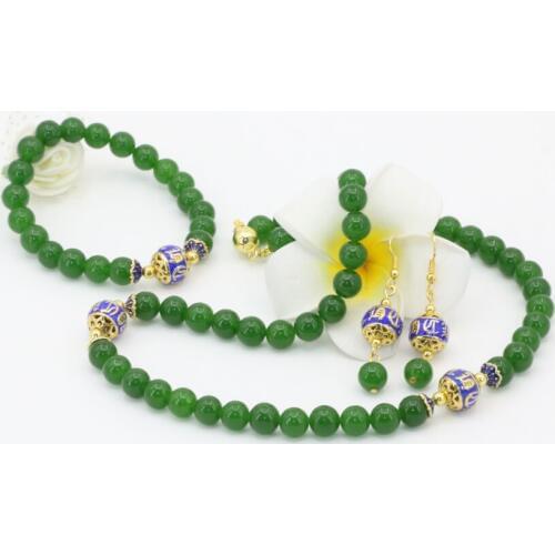 Classical vintage style natural Taiwan green jades stone chalcedony 8mm beads round earring necklaces bracelet jewelry set B2684