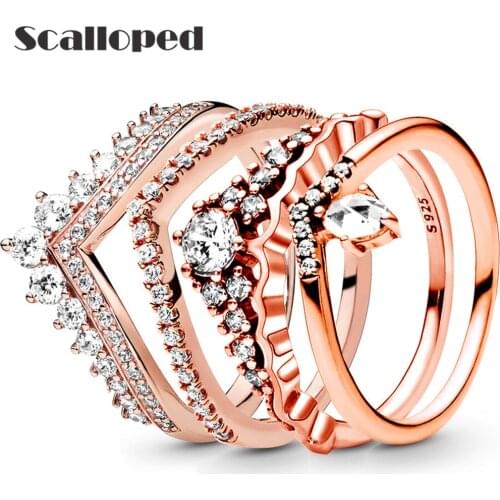 SCALLOPED Fashion Vintage Rose Gold Stacked Women Rings Princess Crown Love Heart Sparkling CZ Wedding Anniversary Jewelry