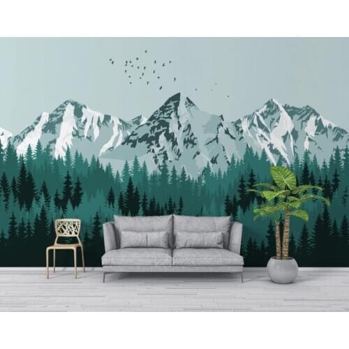 Bacal Custom Modern Nordic minimalist pine green forest snow mountain landscape wall home decoration 3d wallpaper mural