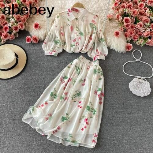 2021 New Spring Autumn Fashion turn down collar puff sleeve single breasted Shirt + high waist print mid-long Skirt 2-piece set