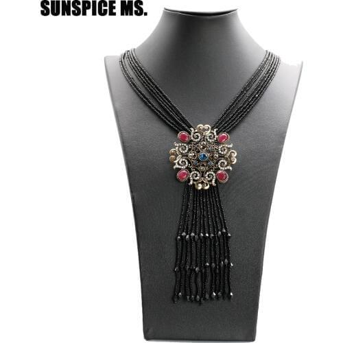 SUNSPICE MS Vintage Retro Flower Pendant Necklace For Women Antique Gold Turkish Jewelry Boho Long Bead Tassels Sweater Chains
