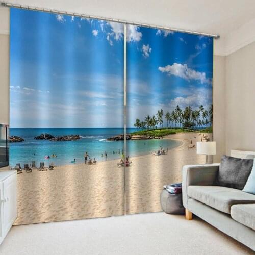 Custom blue beach curtains 3D Curtain Printing Blockout Polyester Photo Drapes Fabric 3d curtains