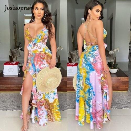 Josiaoprah Casual Floral Print Women Dress Summer Sexy V-neck Holiday Style Maxi Dress Elegant High-waist Lace-up Ruffle Dress