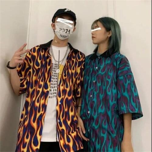 Fashion Flame Print Shirt Men Oversize High Street Shirts Japan Basic Shirts Long Sleeve Loose Shirt Summer Punk Harajuku Shirt