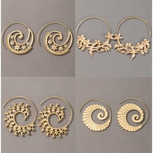 Docona Ethnic Star Flower Drop Earrings for Women Vintage Carving Circle Gold Color Alloy Metal Charm Weddings Jewelry Gift