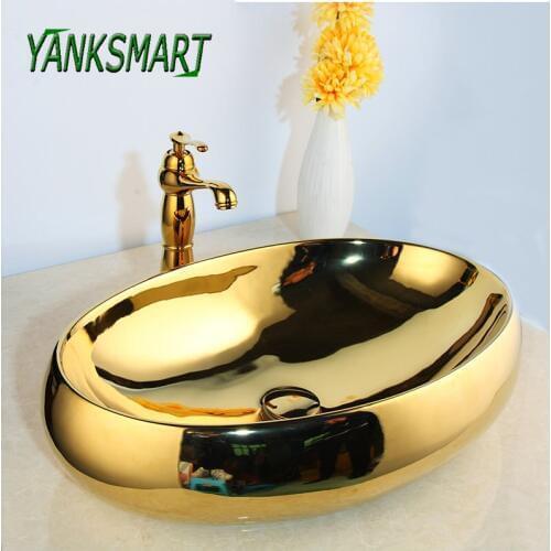 YANKSMART Solid Brass Golden Luxury Ceramic Lavatory Bathroom Tap Washbasin Basin Sink Set Bath Combine Mixer Faucet