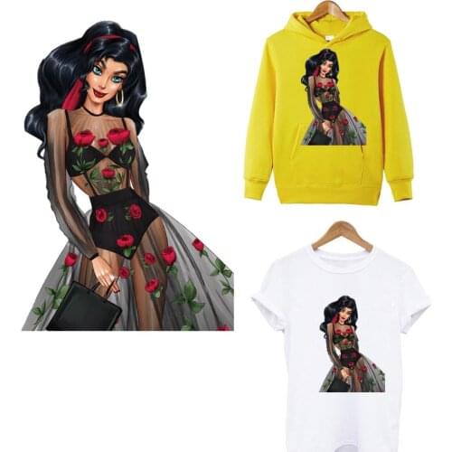 Rose Girl Iron on Transfer Sticker For Clothing Beautiful lady Thermal Patches For Clothes Women T-shirt Flower Appliqued