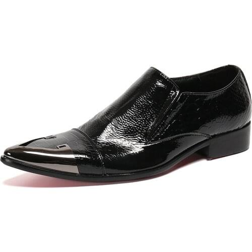Summer New Casual Mens Classic Fashion Shoes Pointed Metal Personality Cowhide Leather Crocodile Pattern Bright Black Men Shoes