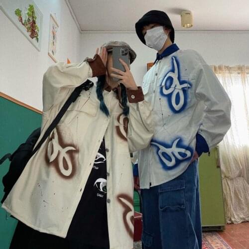 Street retro hip-hop hand-painted printing loose size BF boyfriend couple shirts trendy