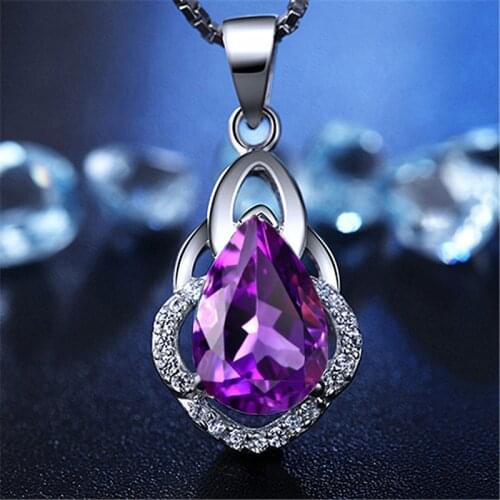 Vintage Female Water Drop Pendant Necklace Charm Silver Color Chain Necklace Cute Purple Zircon Wedding Necklaces For Women