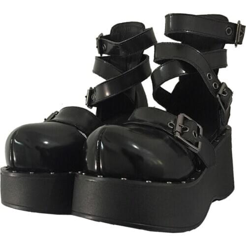 Gothic dark punk Japanese lolita shoes vintage cross strap round head women shoes Flat Platform Shoes kawaii shoes loli cosplay